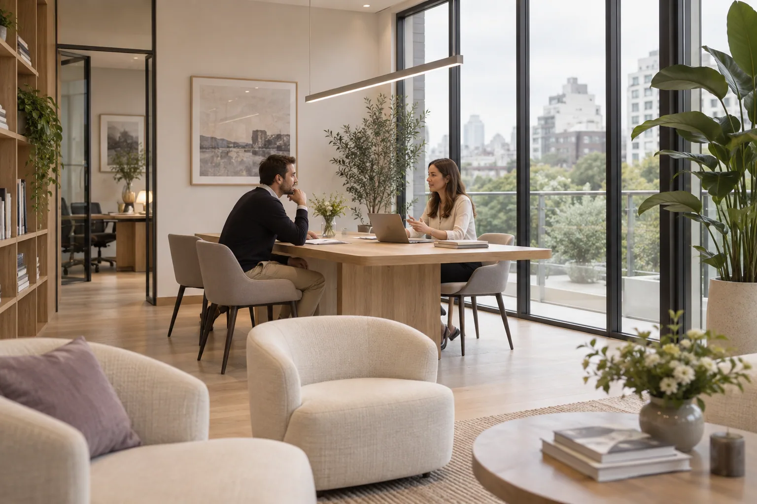 Oficina luminosa con ventanales y dos personas conversando alrededor de una mesa.
